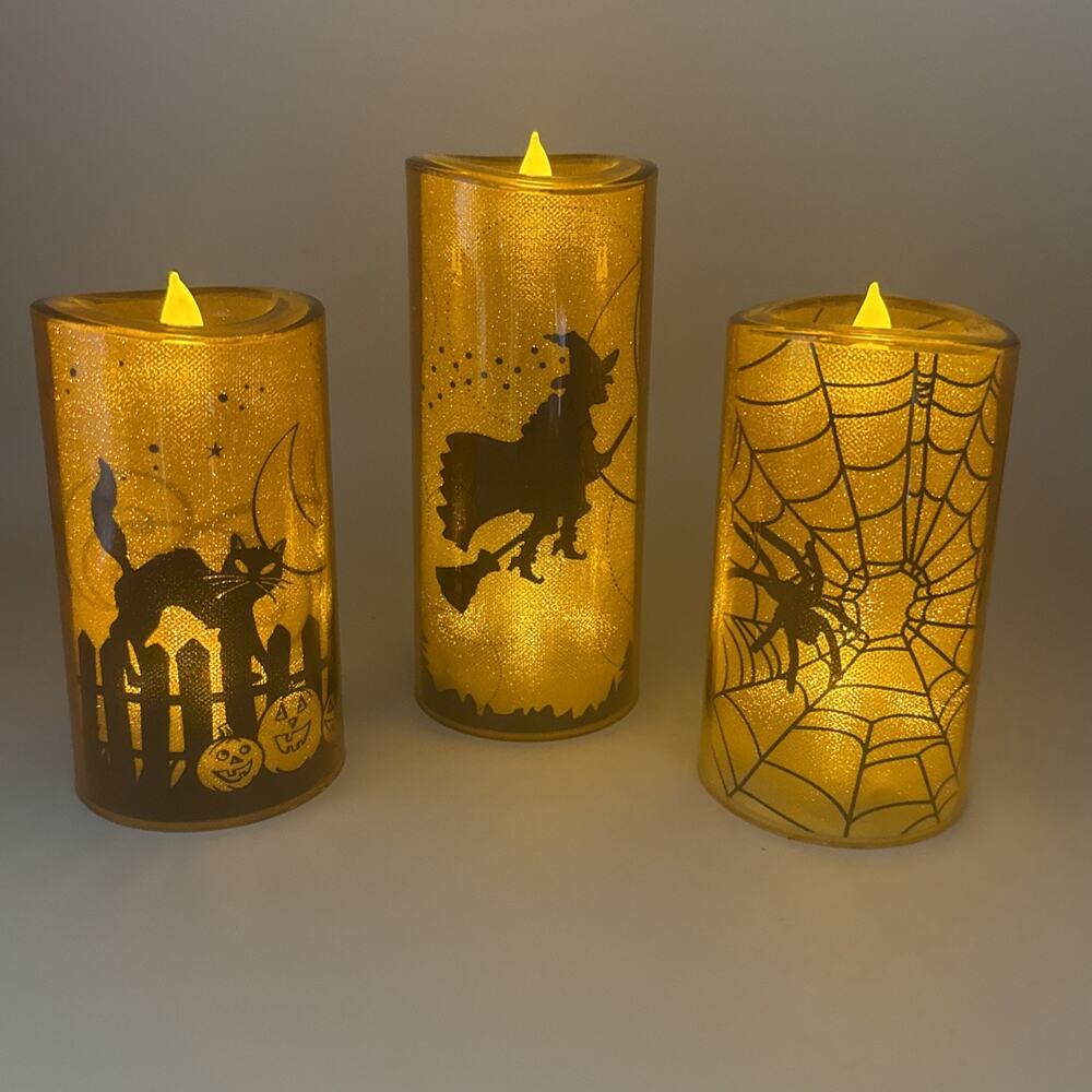 Halloween Candles Set Of 3 Battery Operated OrangeLED Candles Witch Cat Bat